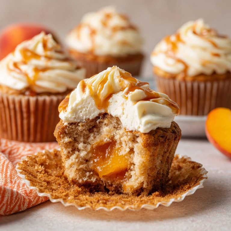 Saftige Pfirsich-Cupcakes mit Karamell, angeschnitten und mit cremigem Frosting, gefüllt mit Pfirsichkompott.