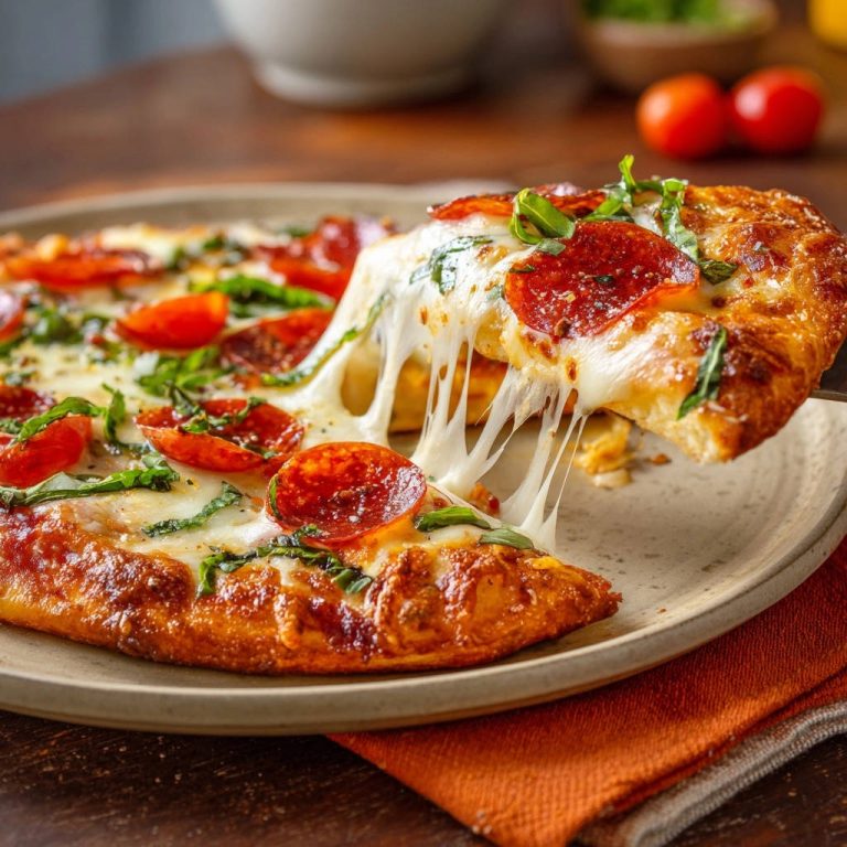 Pizza mit Salami, Basilikum und Tomaten, bei der ein Stück mit langem, geschmolzenem Käse herausgezogen wird.