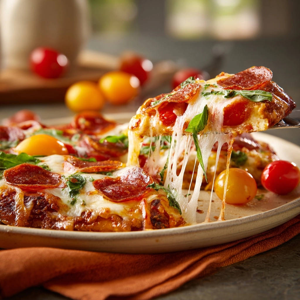 Pizza mit Salami, Basilikum und Tomaten, bei der ein Stück mit geschmolzenem Käse aus der ganzen Pizza gehoben wird.