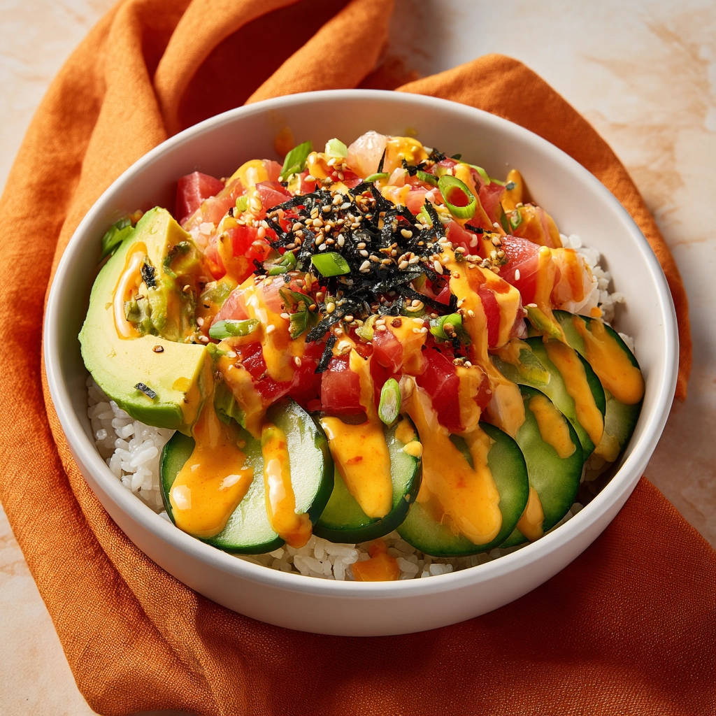 Poke Bowl mit Thunfisch und Surimi, detailreiche Nahaufnahme mit Avocado, Gurke und cremiger Sauce garniert.