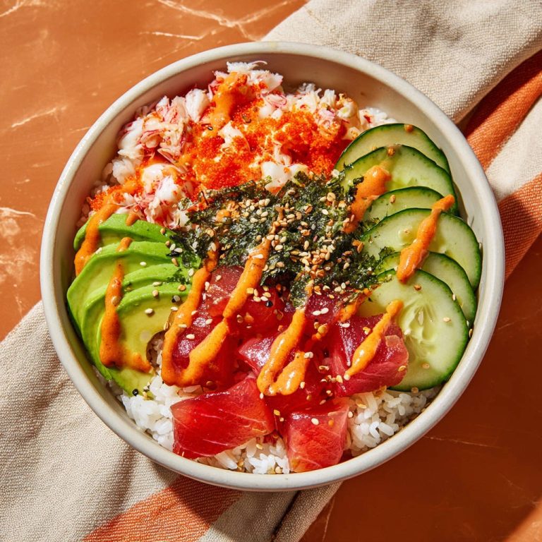 Poke Bowl mit Thunfisch und Surimi von oben fotografiert, mit Avocado, Gurke und Sauce garniert.