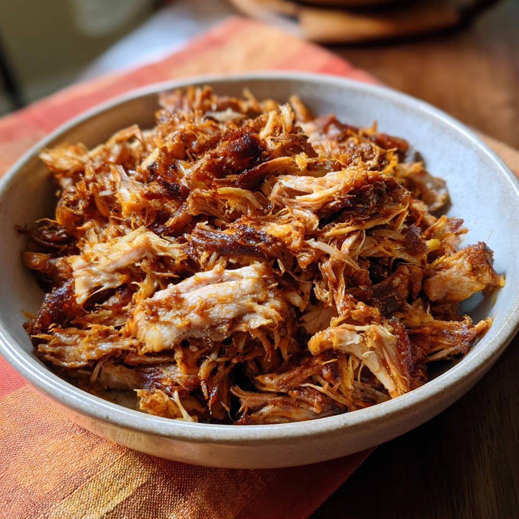 Pulled Chicken mit knuspriger Kruste in einer Schüssel, detailreiche Nahaufnahme der Textur.