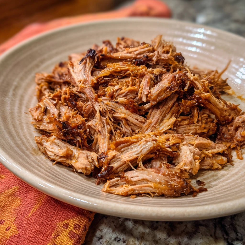 Pulled Chicken mit Kruste, nah aufgenommen auf einem Teller, um die Textur des Fleisches zu zeigen.