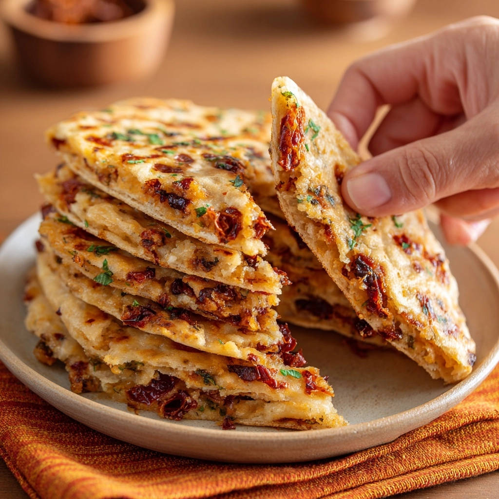 Knusprige Quesadillas mit Käse und Tomaten, eine Person nimmt ein Stück aus dem Stapel.