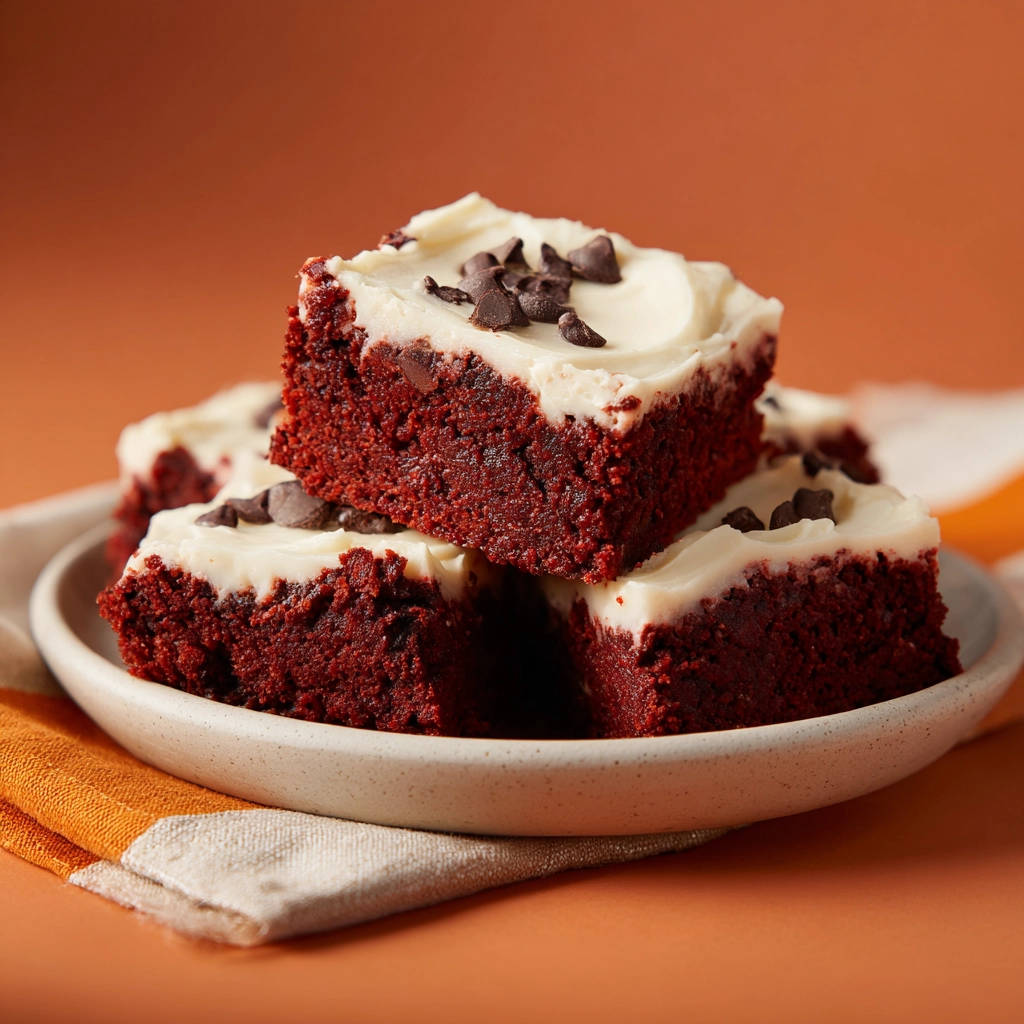 Saftige Red Velvet Brownies mit cremigem Frischkäse-Frosting und Schokostückchen, gestapelt auf einem Teller.