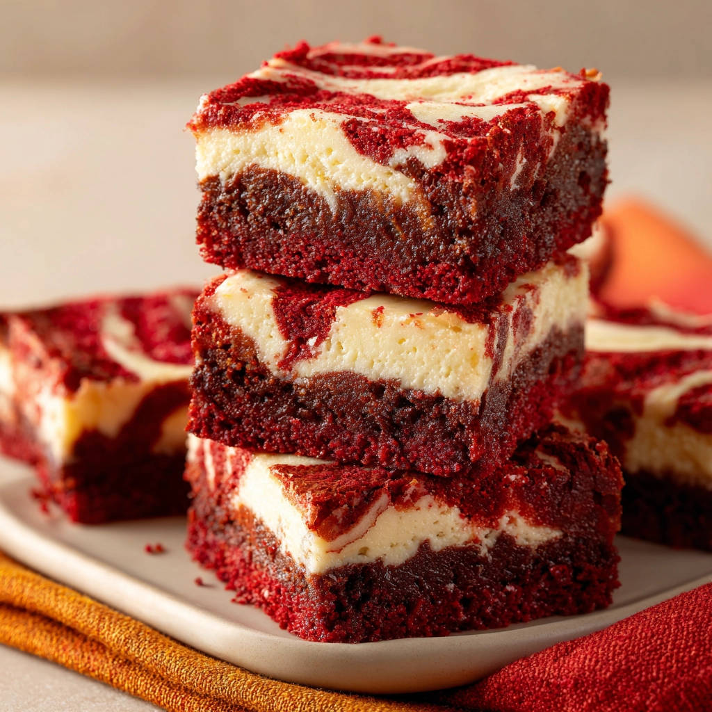 Red Velvet Käsekuchen Brownies mit perfekt gewirbeltem Frischkäse, gestapelt auf einer Servierplatte.