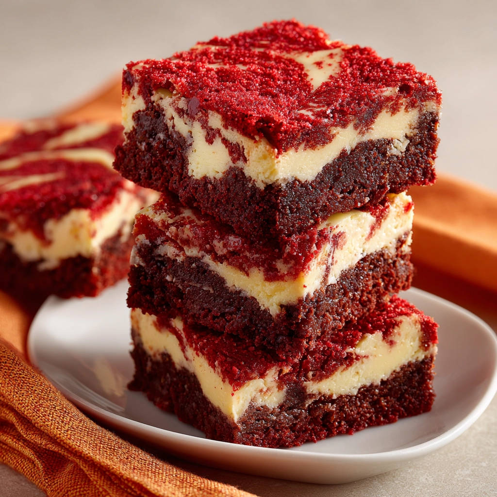 Red Velvet Käsekuchen Brownies mit cremigem Wirbel, gestapelt auf einem Teller mit Nahaufnahme der Textur.