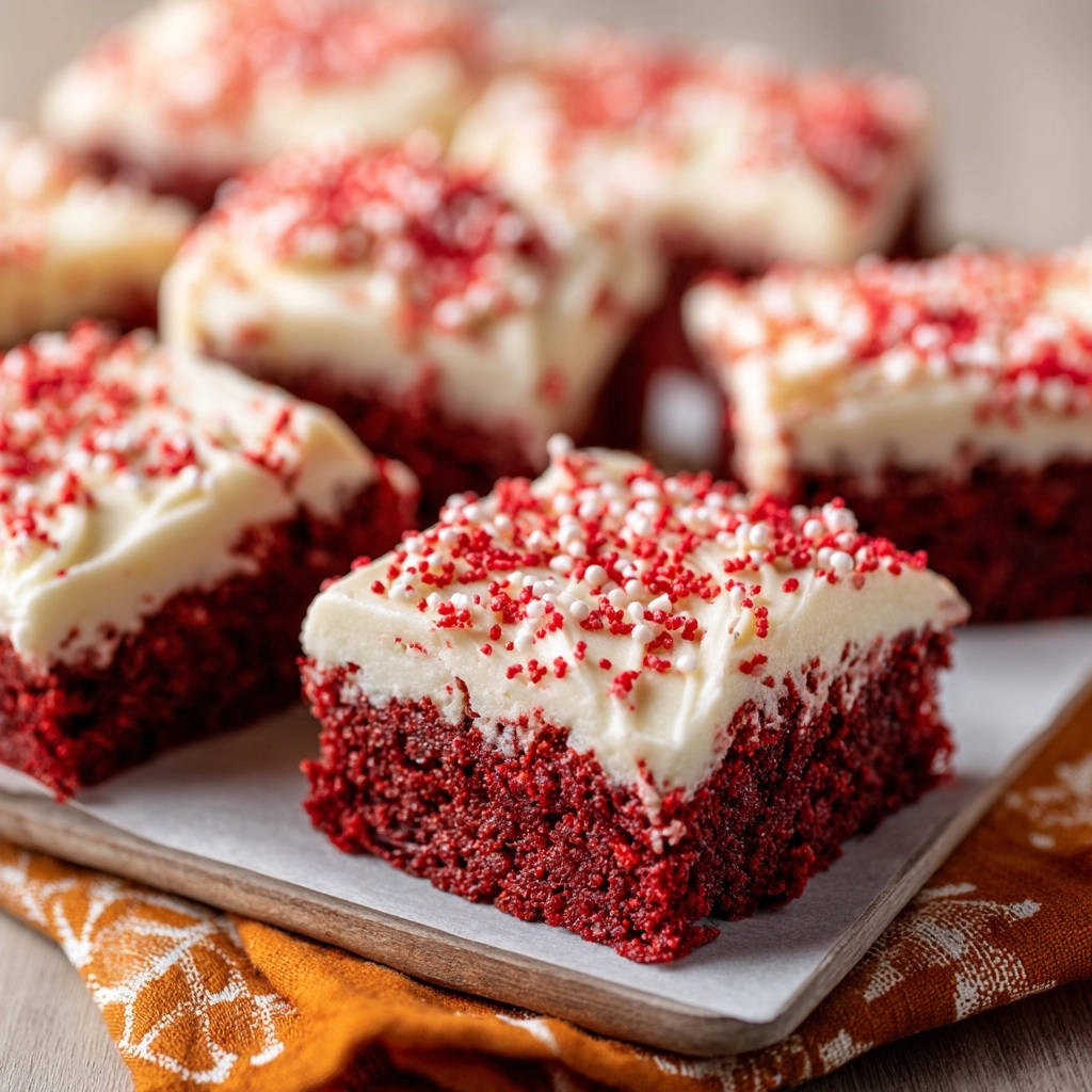Red Velvet Quadrate mit weißer Glasur und roten und weißen Streuseln, Nahaufnahme der Oberfläche.