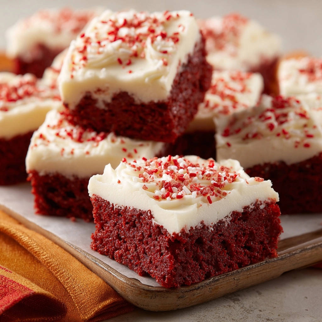 Red Velvet Quadrate angeschnitten und mit weißer Glasur und roten Streuseln garniert, Nahaufnahme auf einem Holzbrett.