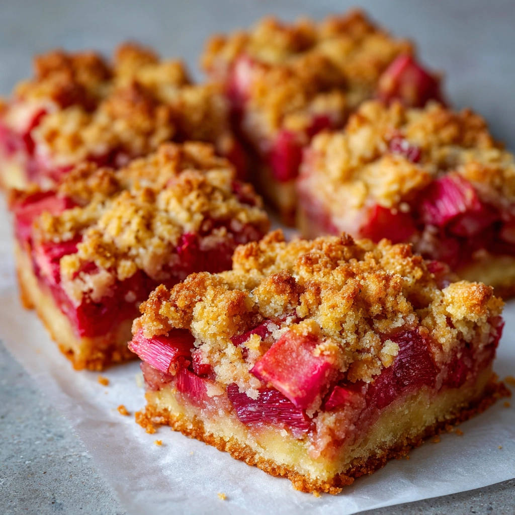Rhabarber-Streuselkuchen angeschnitten, zeigt die saftige Füllung und knusprige Streusel auf einem hellen Boden.