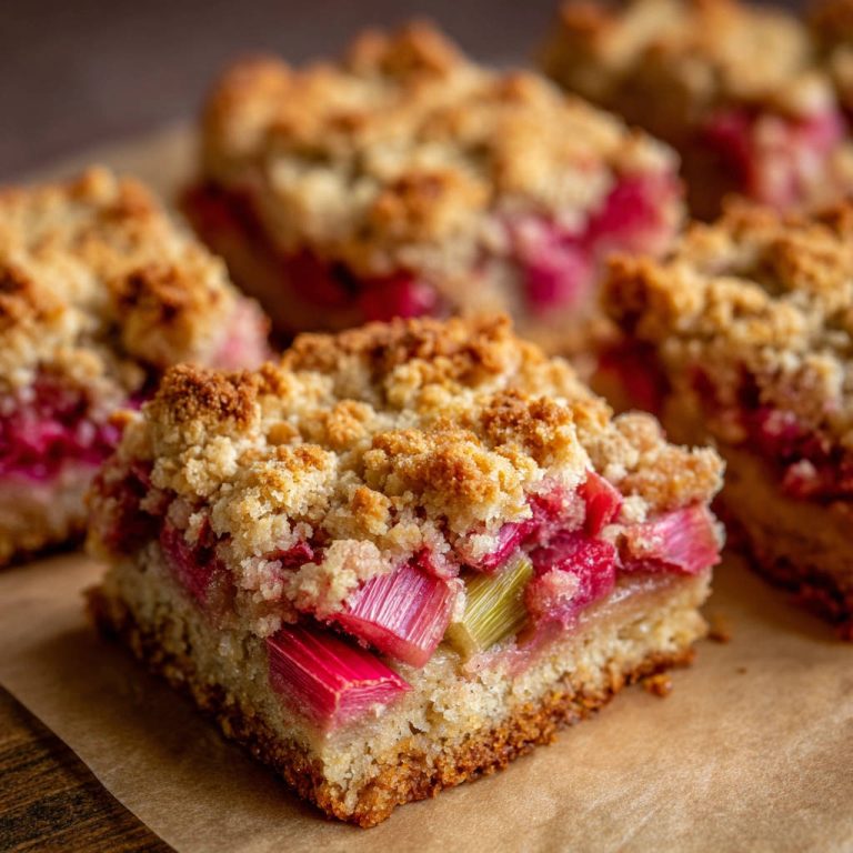 Rhabarber-Streuselkuchen angeschnitten mit saftigen Rhabarberstücken und knusprigen Streuseln auf Backpapier