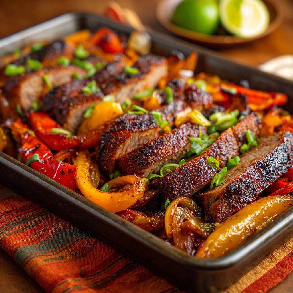 Rindersteak & Paprika Blechgericht angeschnitten, zeigt zartes Fleisch mit gebratenen Paprikastreifen und Frühlingszwiebeln.