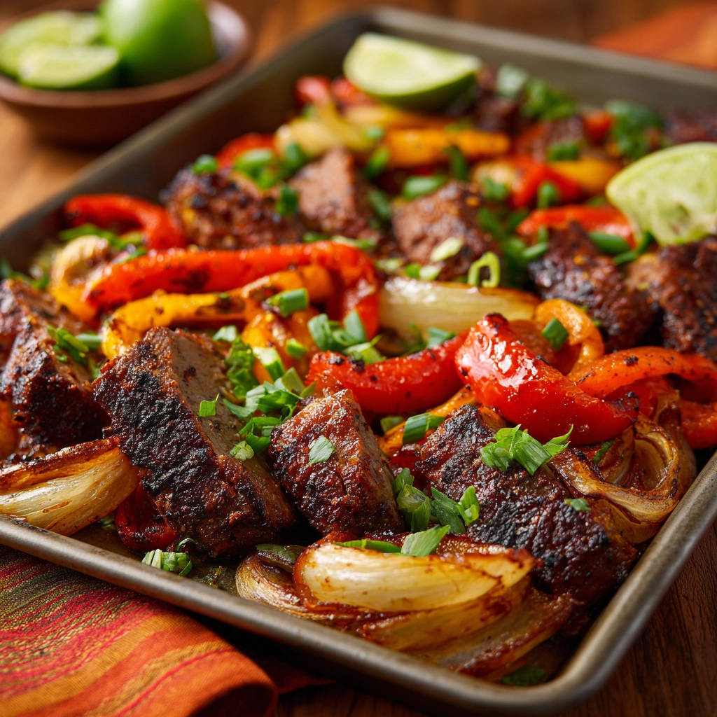 Rindersteak & Paprika Blechgericht als Nahaufnahme mit frischem Schnittlauch garniert und Limettenspalten