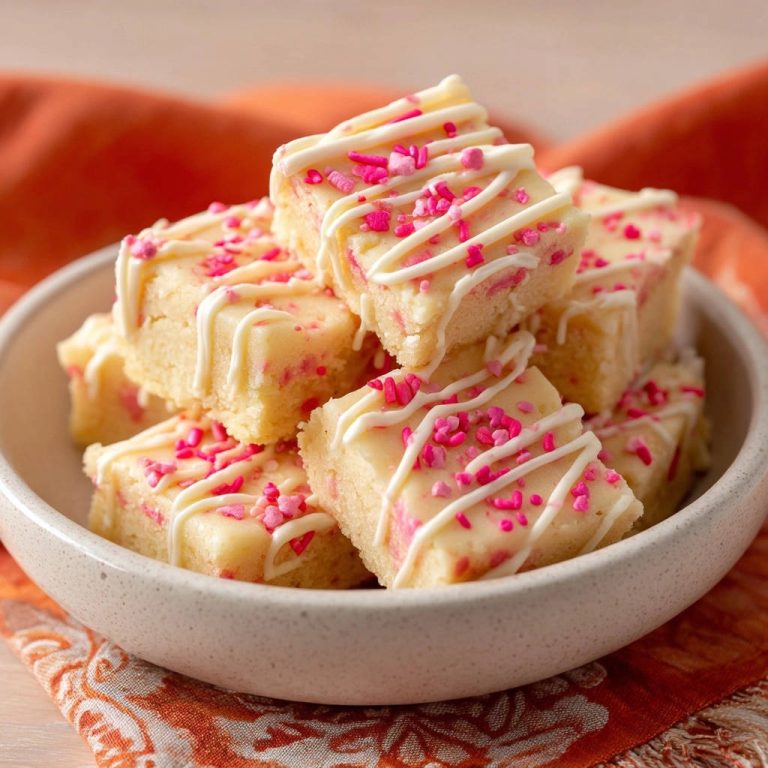 Rosa Blondie Happen, nahaufnahme von saftigen Stücken mit weißer Glasur und rosa Streuseln garniert