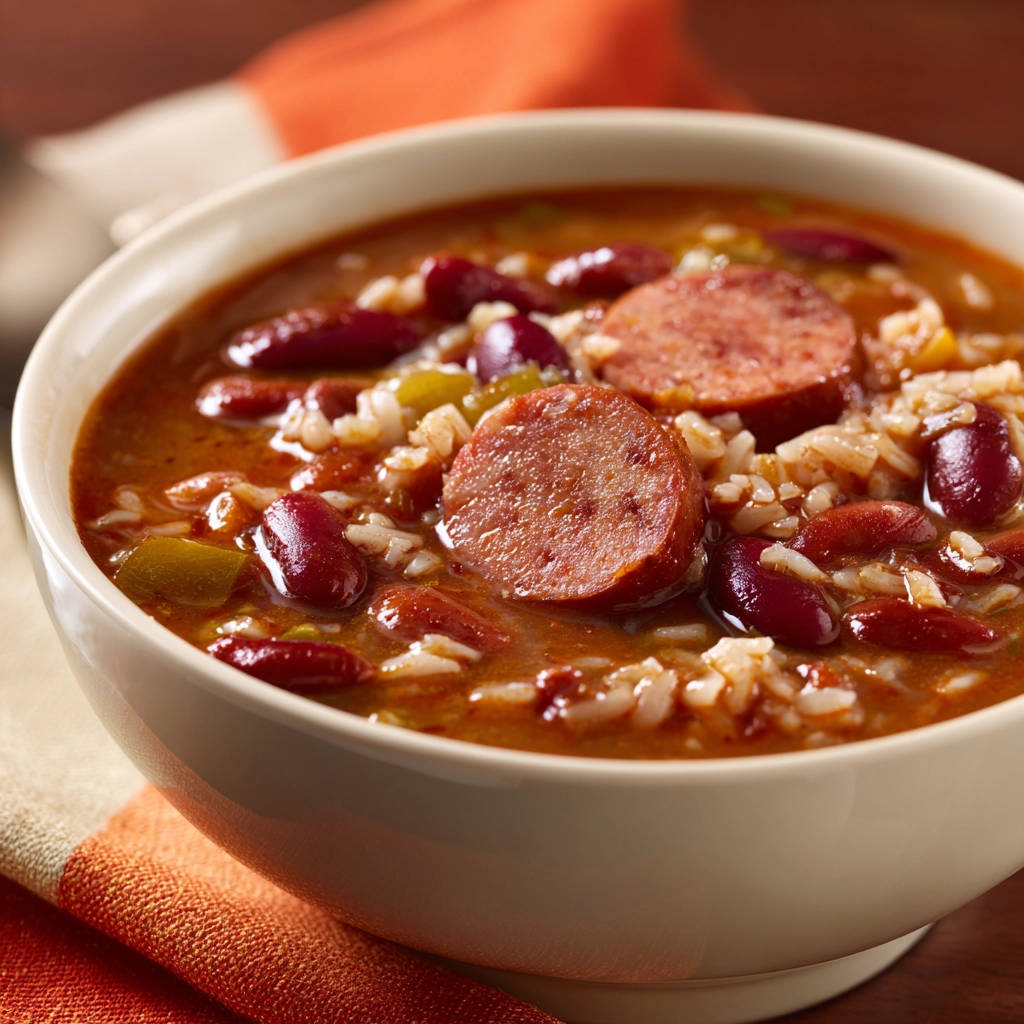 Rote Bohnen Eintopf mit Wurst, eine Nahaufnahme der herzhaften Suppe mit Würstchenscheiben und Reis in einer Schüssel.
