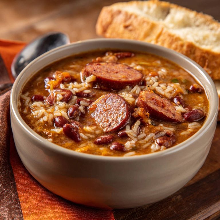 Rote Bohnen Eintopf mit Wurst als Nahaufnahme mit Scheiben von geräucherter Wurst und Reis in einer Schüssel.