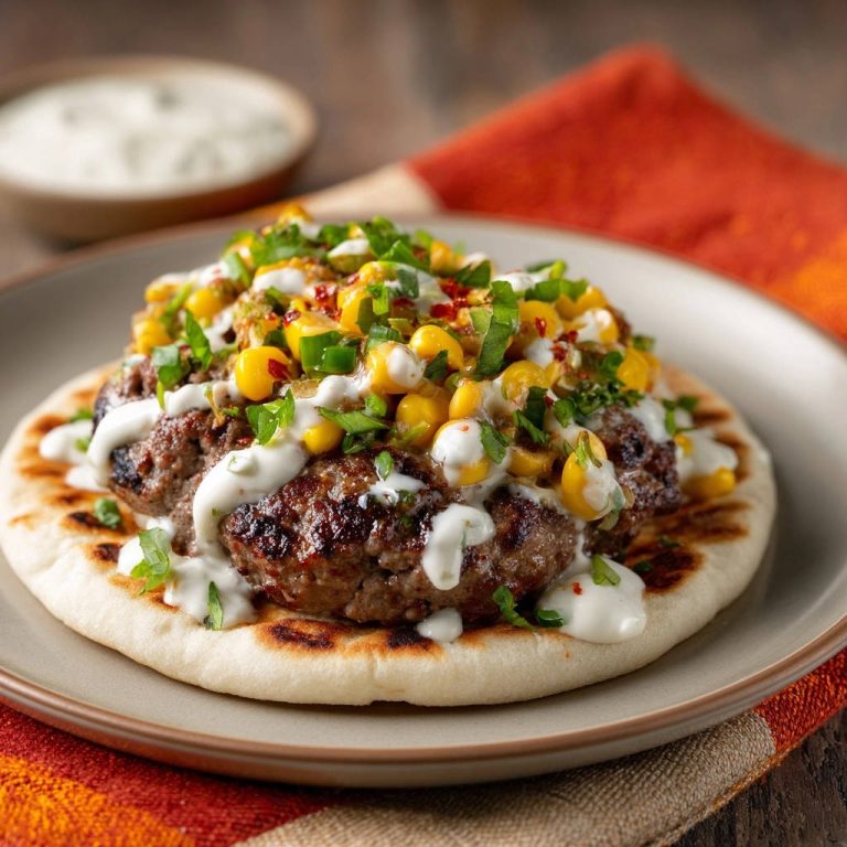 Saftige Hackfleisch-Patties auf Fladenbrot, garniert mit Mais, Kräutern und einer cremigen Sauce.
