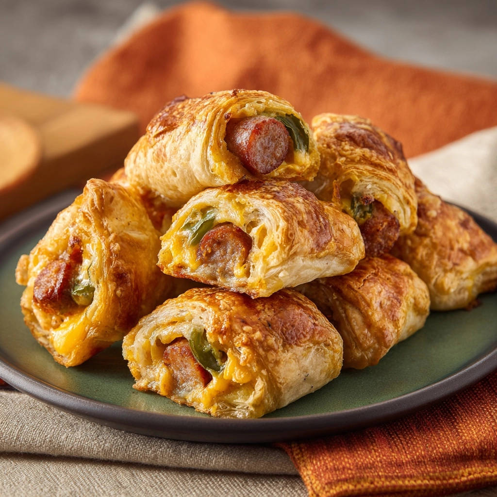 Saftige Hackfleisch-Röllchen mit Käse angeschnitten, mit einer Nahaufnahme des goldbraunen Teigs und der herzhaften Füllung.