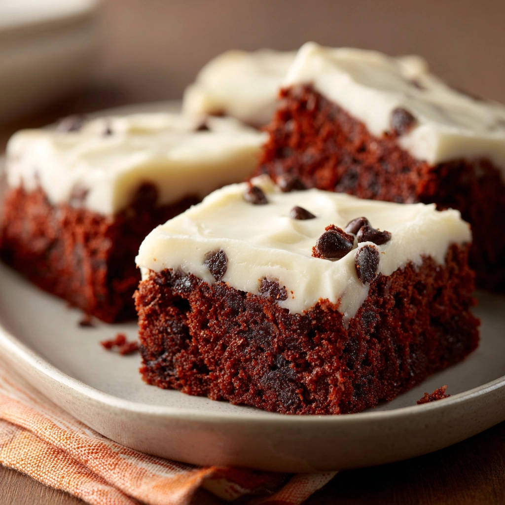 Saftige Red Velvet Brownies mit cremigem Frischkäse-Frosting, detailreiche Nahaufnahme der glasierten Oberfläche mit Schokostückchen.