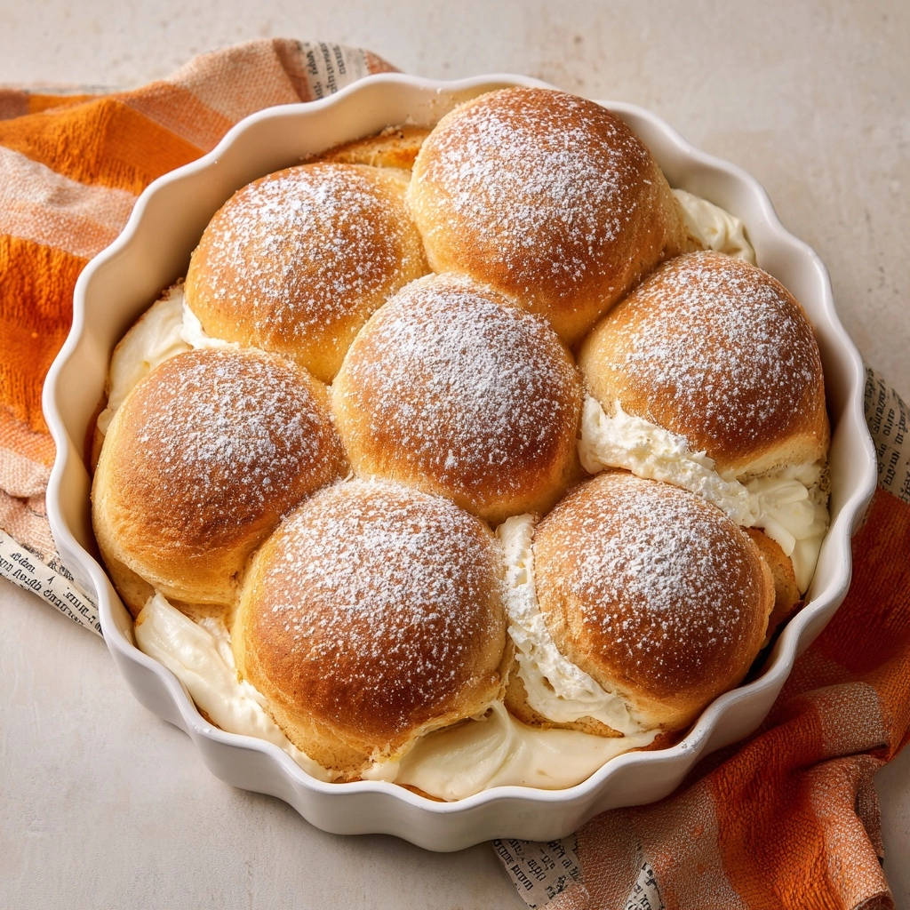 Saftige Zimtschnecken mit Creme, gebacken in einer Auflaufform und mit Puderzucker bestäubt, Nahaufnahme.