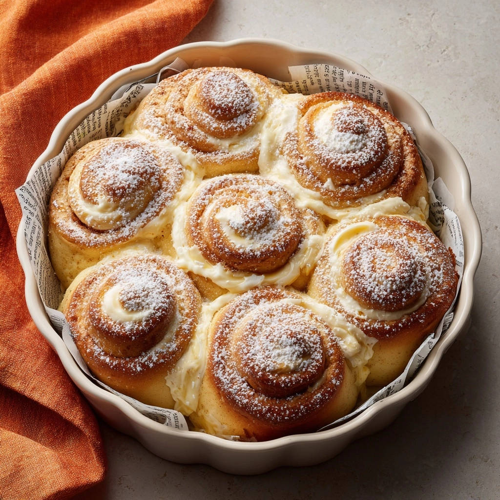 Saftige Zimtschnecken super weich wie vom Bäcker, nahaufnahme mit Puderzucker bestäubt in einer Auflaufform.