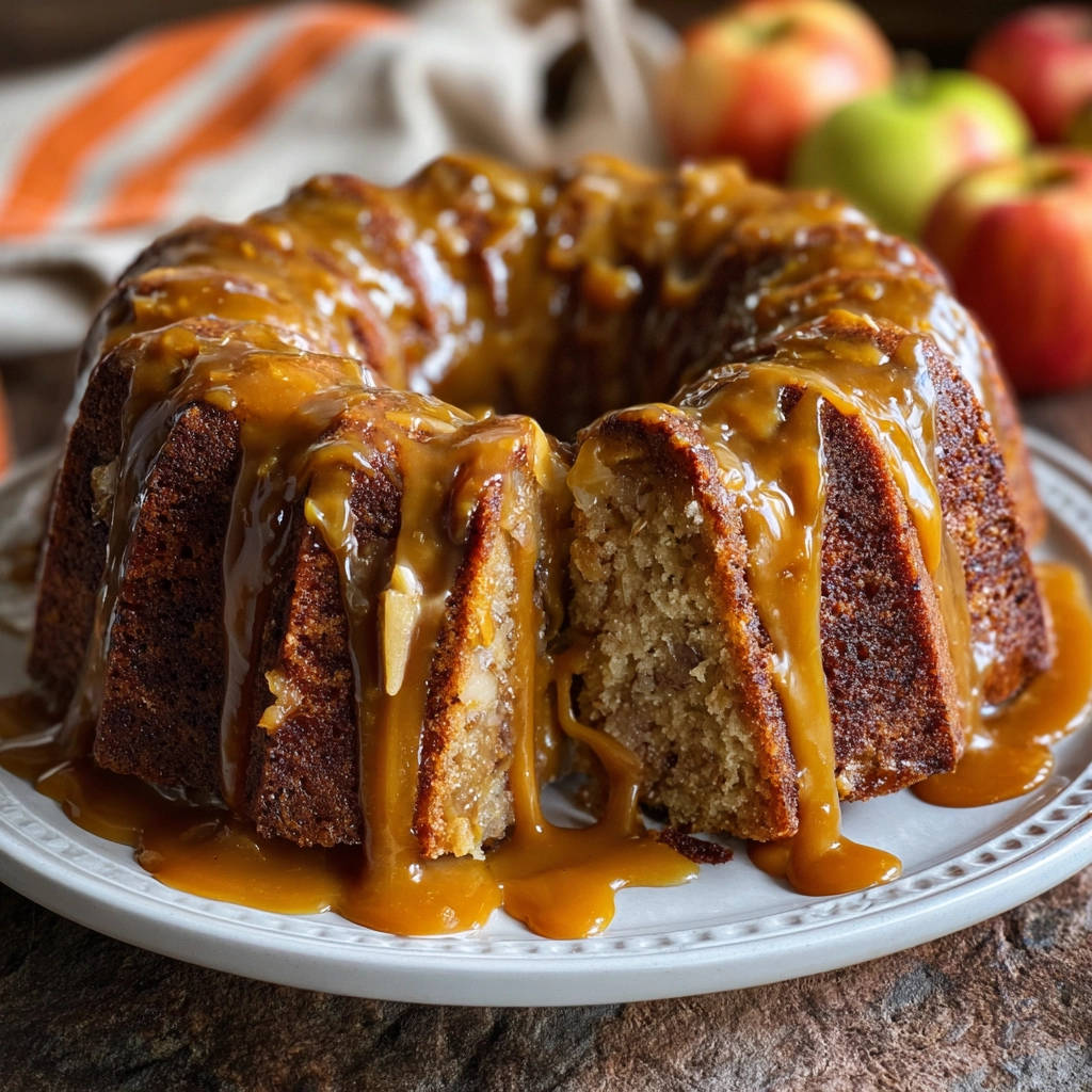 Saftiger Apfel-Gugelhupf angeschnitten mit köstlicher Karamellglasur, der saftige Innenbereich ist sichtbar.