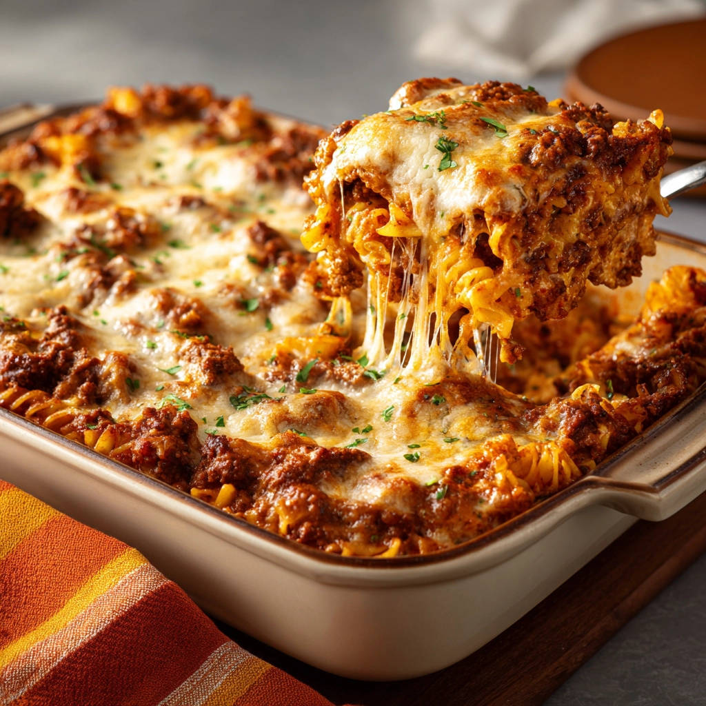 Saftiger Nudelauflauf mit Hackfleischsoße, serviert mit einem großzügigen Cheese-Pull, frisch aus dem Ofen.