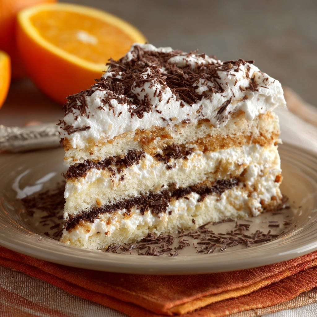 Schichtkuchen mit Orangencreme und Schokolade als angeschnittene Scheibe auf einem Teller, die einzelnen Schichten sind gut sichtbar.