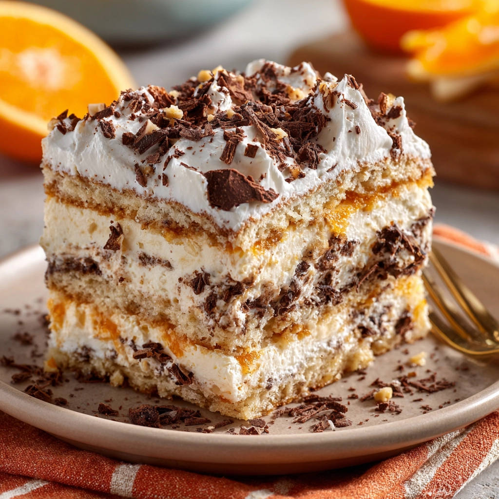 Schichtkuchen mit Orangencreme und Schokolade als angeschnittene Nahaufnahme auf einem Teller mit orangenfarbenem Tuch