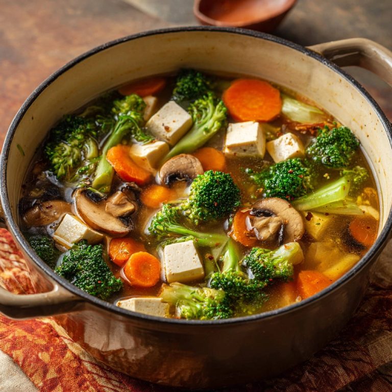 Schnelle Gemüse-Tofu-Suppe in einem Topf mit Brokkoli, Karotten, Tofu und Pilzen, Nahaufnahme