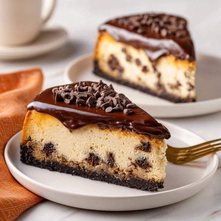 Schoko-Chip Käsekuchen mit Ganache angeschnitten auf einem Teller mit Schokostückchen und Schokoladenglasur.