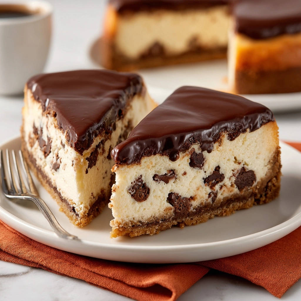 Schoko-Chip Käsekuchen mit Ganache, zwei angeschnittene Stücke mit Schokoladenstückchen und glänzendem Schokoladenguss auf einem Teller.