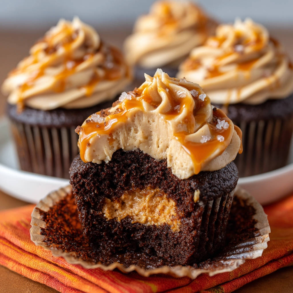 Schoko-Cupcakes mit flüssigem Karamellkern & Erdnussbutter, angeschnitten, zeigt den schokoladigen Kuchen mit cremiger Füllung und Karamellsauce.