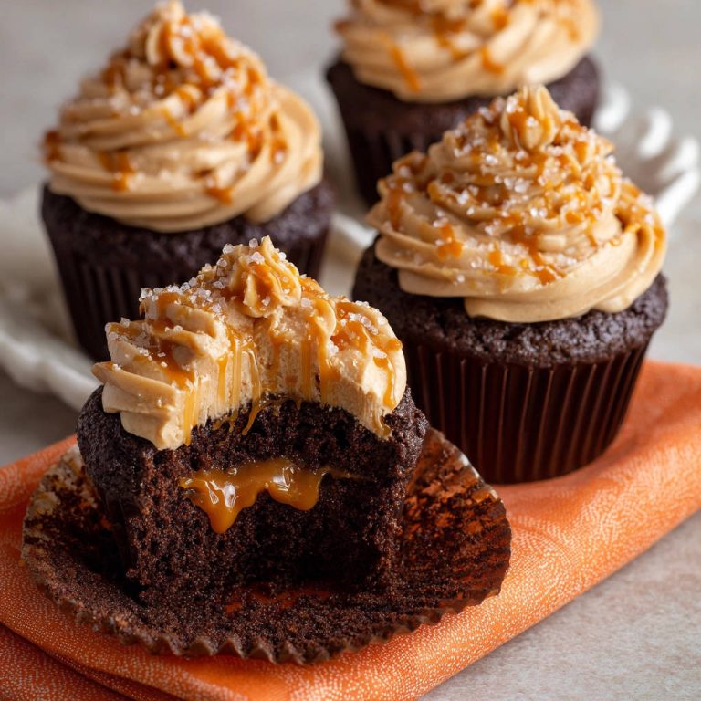 Schoko-Cupcakes mit flüssigem Karamellkern und Erdnussbutter, angeschnitten mit sichtbarem Karamellkern und Füllung.