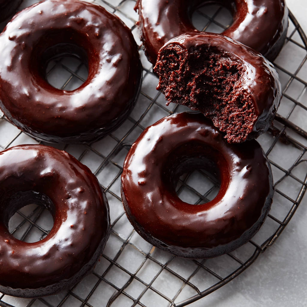 Saftige Schoko-Donuts als Nahaufnahme, ein Donut ist angeschnitten und zeigt die feine Krume und Schokoladenglasur.