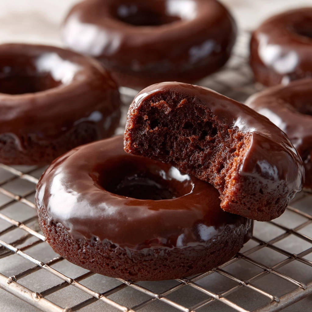 Saftige Schoko-Donuts angeschnitten, die den feuchten Schokoladenkuchen und die glatte Glasur zeigen.