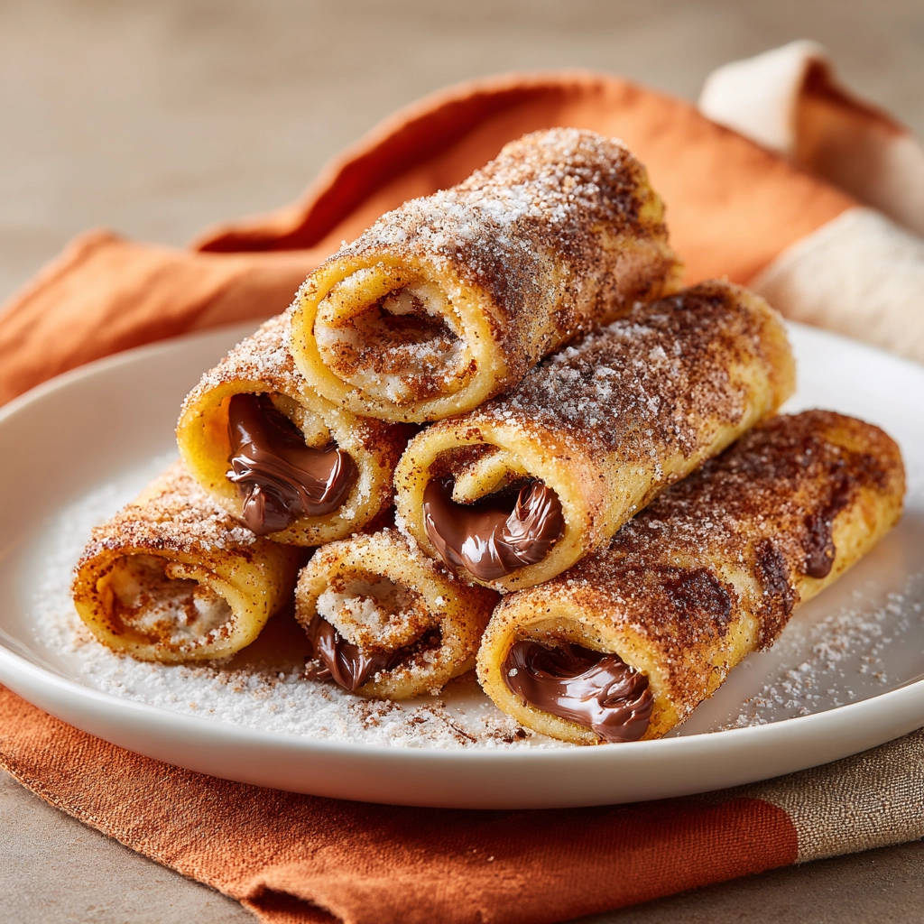 Schoko-Zimt-Röllchen mit einer großzügigen Füllung aus Schokoladencreme, Nahaufnahme der geöffneten Röllchen auf einem Teller.