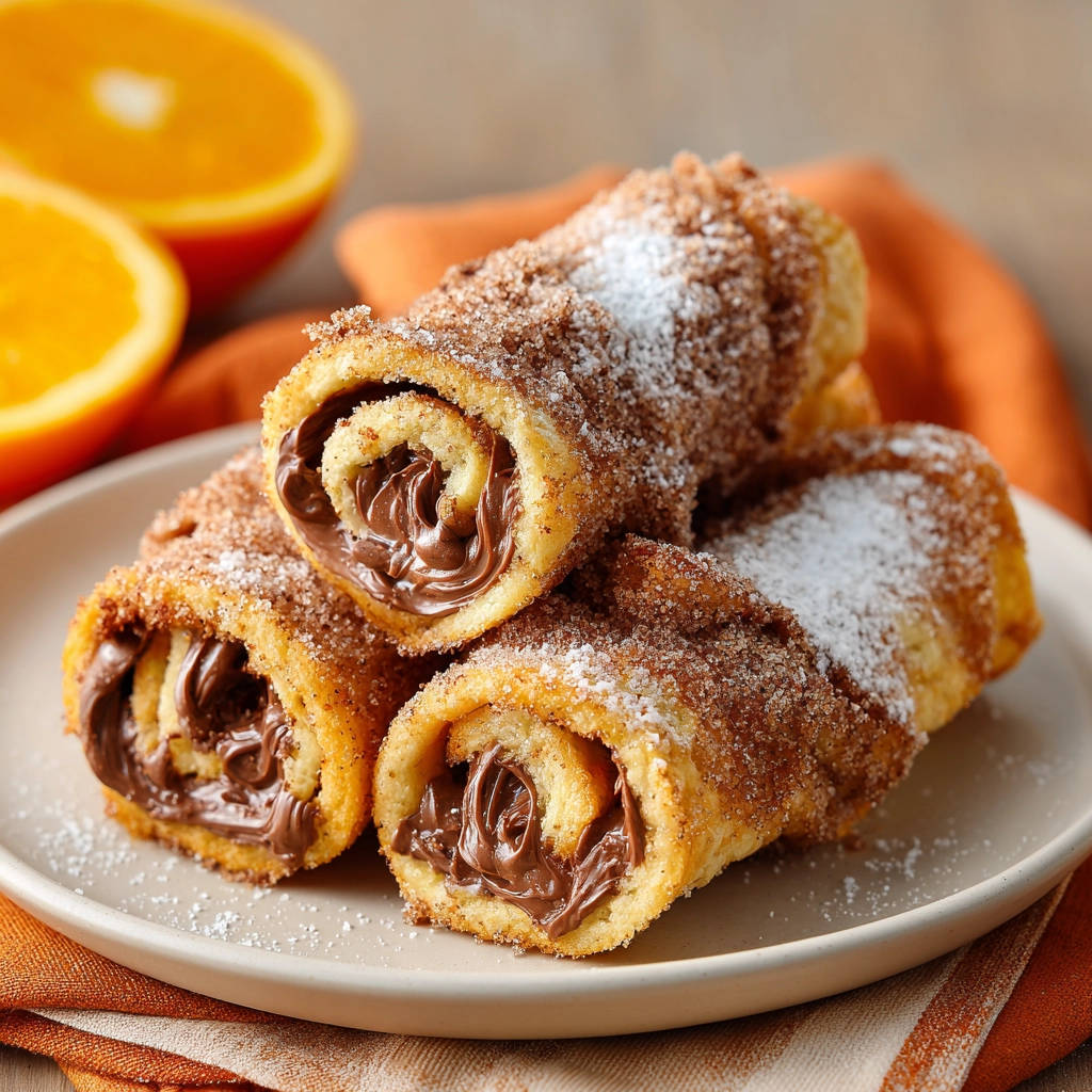 Schoko-Zimt-Röllchen im Querschnitt mit cremig-schokoladiger Füllung, bestäubt mit Puderzucker und Zimt.