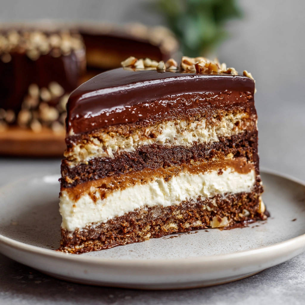 Schokoladen-Karamell-Torte mit Nussrand angeschnitten auf einem Teller, mit sichtbaren Schichten und Schokoladenglasur.