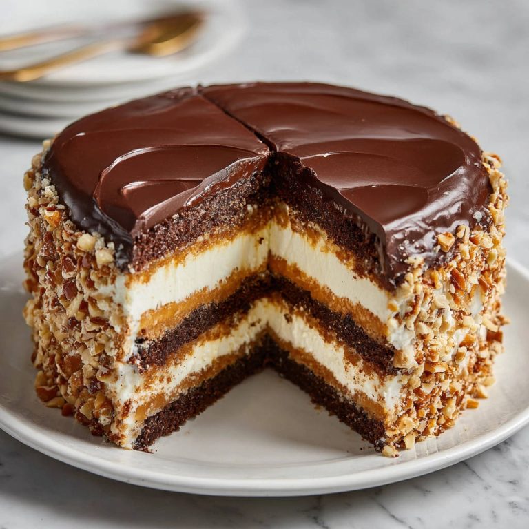 Schokoladen-Karamell-Torte mit Nussrand angeschnitten, zeigt saftige Schichten aus Schokolade und Karamellcreme.