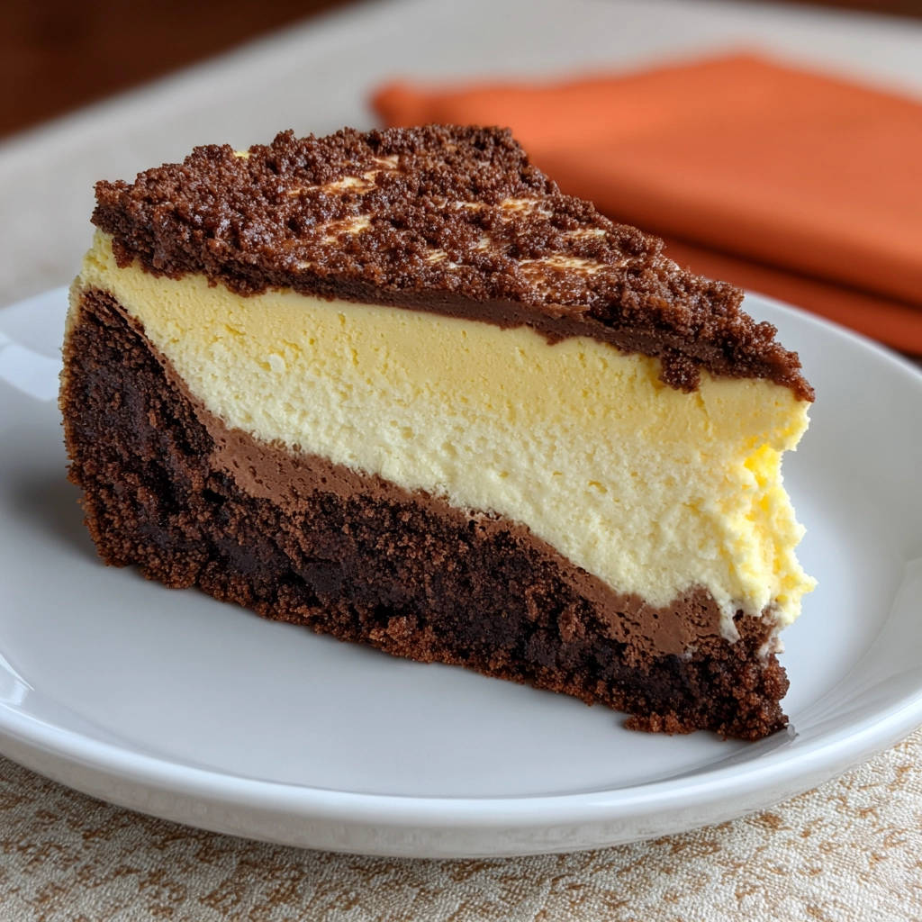 Schokoladen-Schicht-Käsekuchen angeschnitten auf einem weißen Teller, zeigt die detaillierten Schichten von Schokolade und Käsekuchencreme.