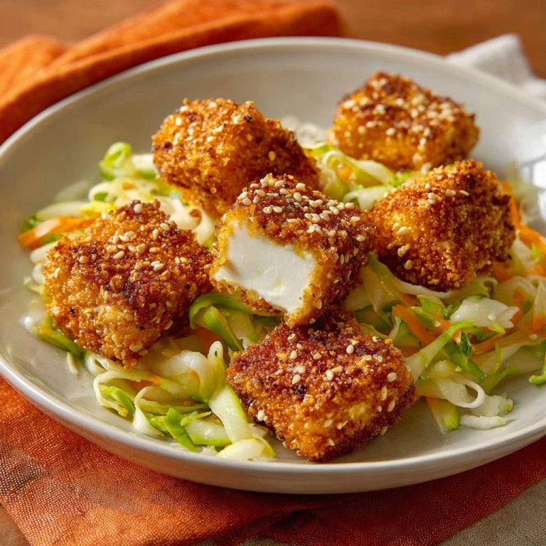 Knuspriger Sesam-Tofu auf Gemüse-Nudeln, ein Stück angeschnitten, das die cremige Innenseite zeigt