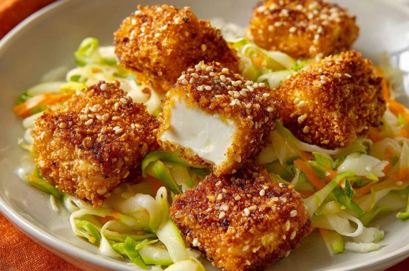 Sesam-Tofu auf Gemüse-Nudeln