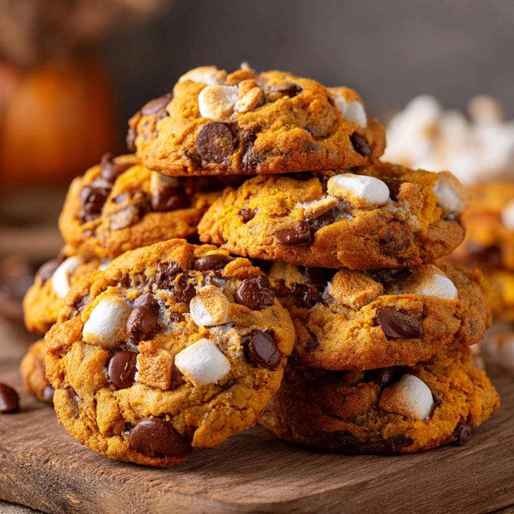 S'mores Cookies mit geschmolzenen Marshmallows, gestapelt auf einem Holzbrett, Nahaufnahme von den Zutaten.