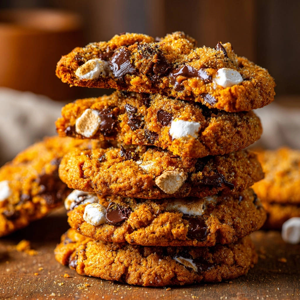 S’mores Cookies mit geschmolzenen Marshmallows und Schokoladenstückchen, gestapelt in einer Nahaufnahme.