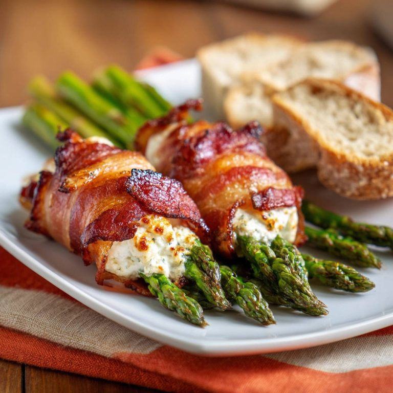 Spargel-Päckchen im Speckmantel mit cremigem Käse gefüllt, Nahaufnahme auf einem Teller mit Brot und Kräutern.