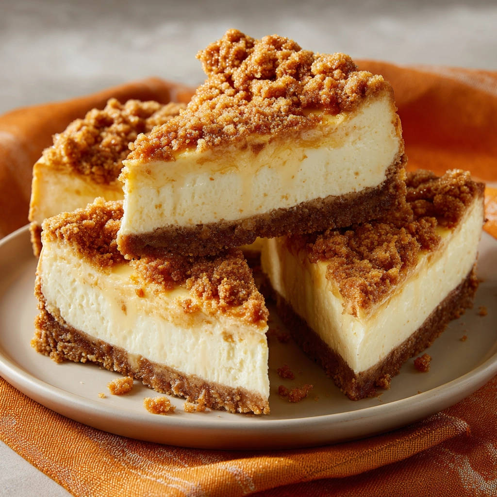 Streusel-Käsekuchen angeschnitten auf einem Teller mit einem orangen Tuch im Hintergrund