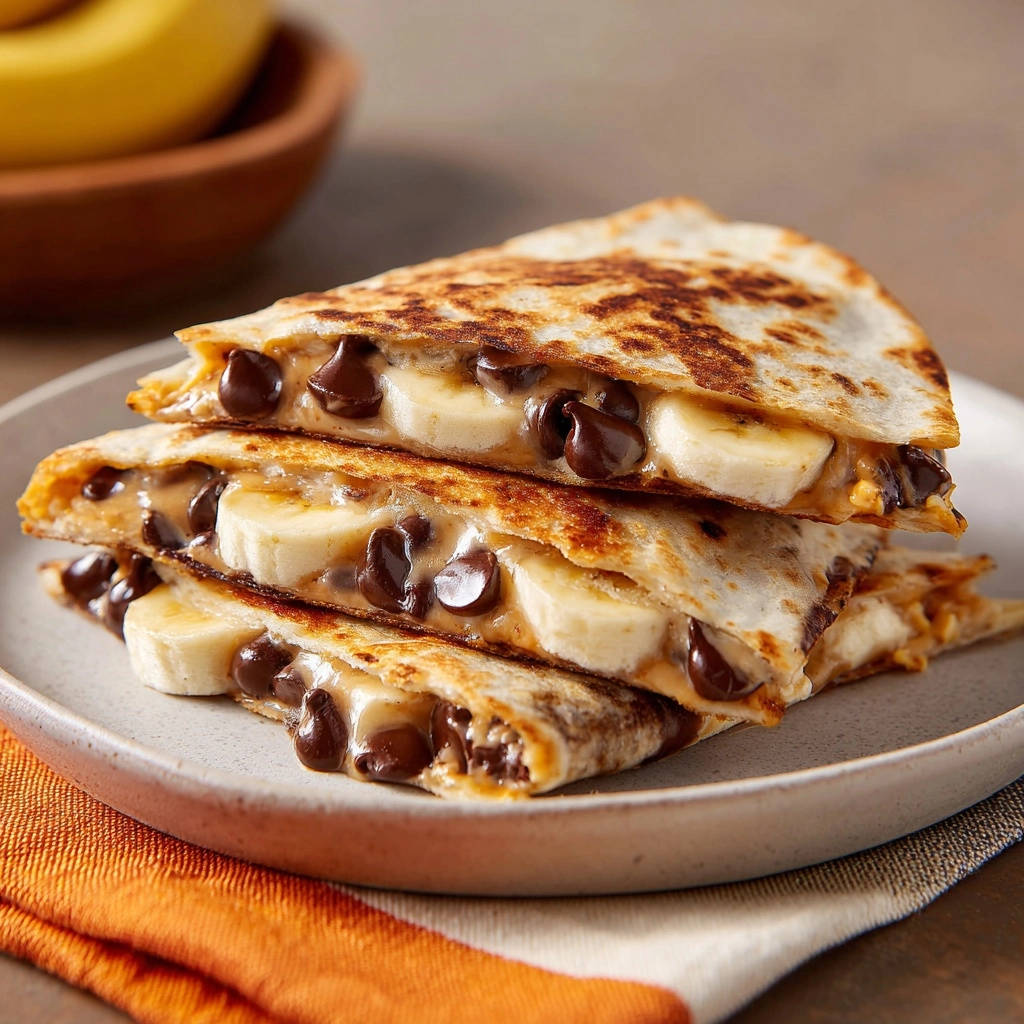 Süße Quesadillas mit Erdnussbutter, Banane und Schokolade im Nahaufnahme-Querschnitt mit geschmolzenen Zutaten.