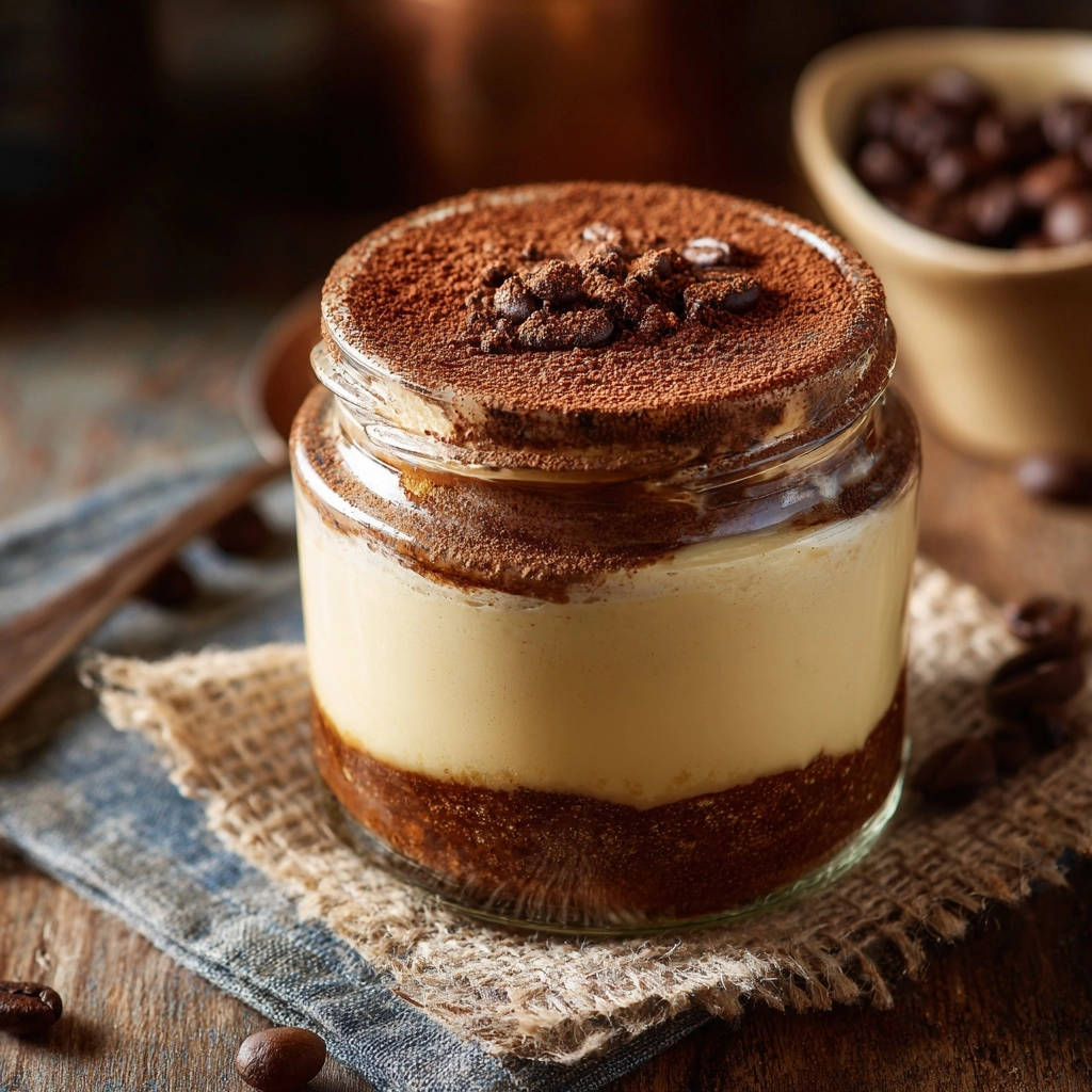 Tiramisu im Glas mit standfester Creme und Kakao-Topping, detailreiche Nahaufnahme des Desserts im Glas.
