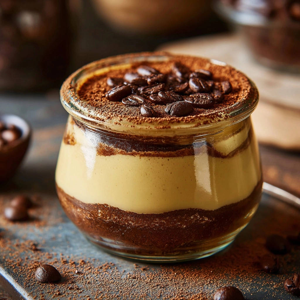 Tiramisu im Glas in Nahaufnahme, garniert mit Kaffeebohnen und Kakaopulver, serviert in einem Glas.